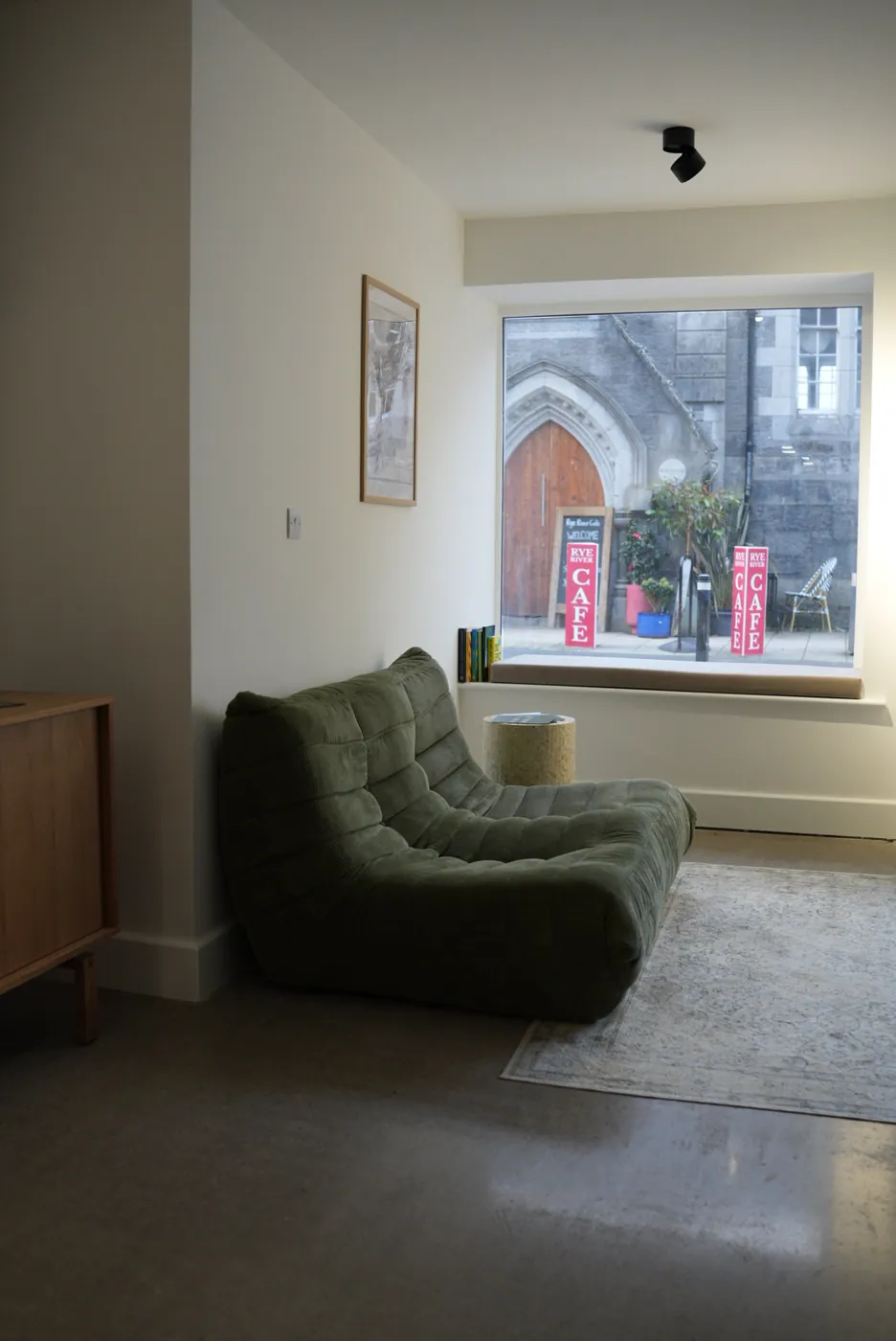 The waiting area at Excape Kilcock, with the window looking onto School Street